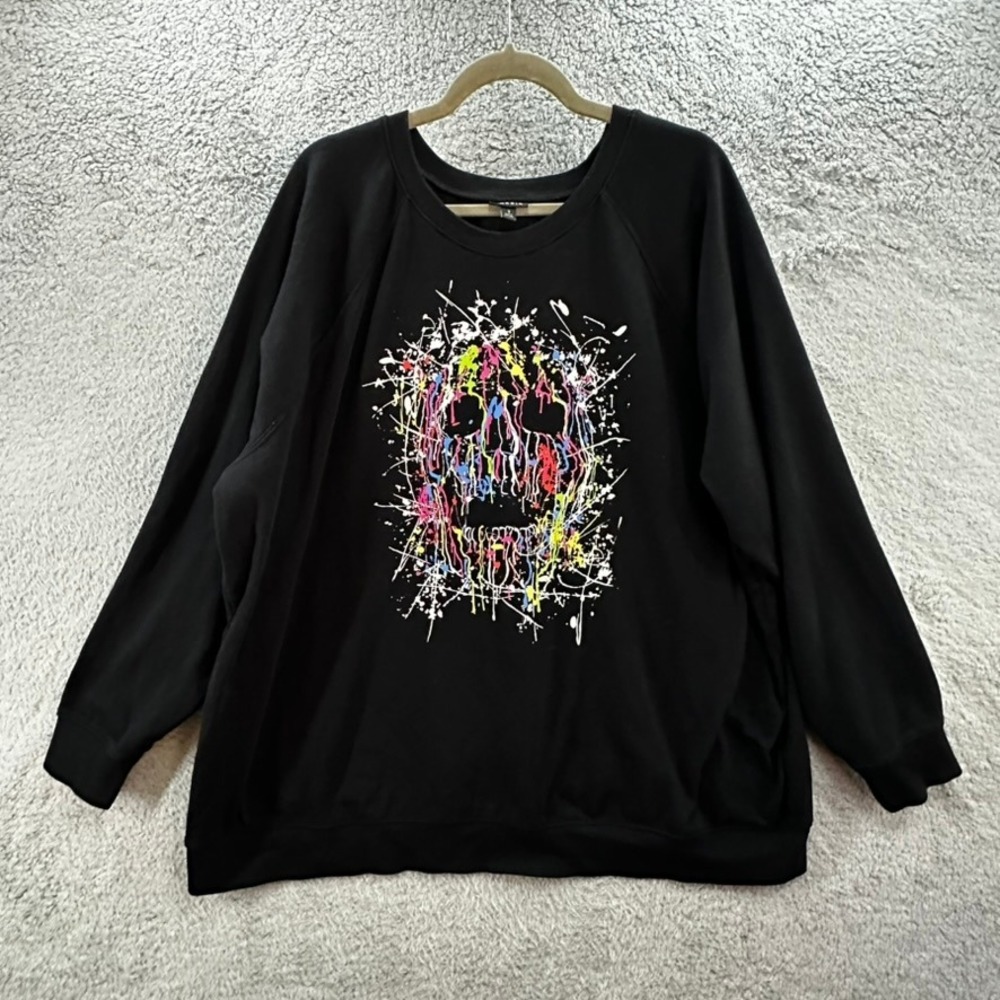 Torrid Women's Size 3 Black Paint Splatter Skull Graphic Fleece Sweatshirt EUC